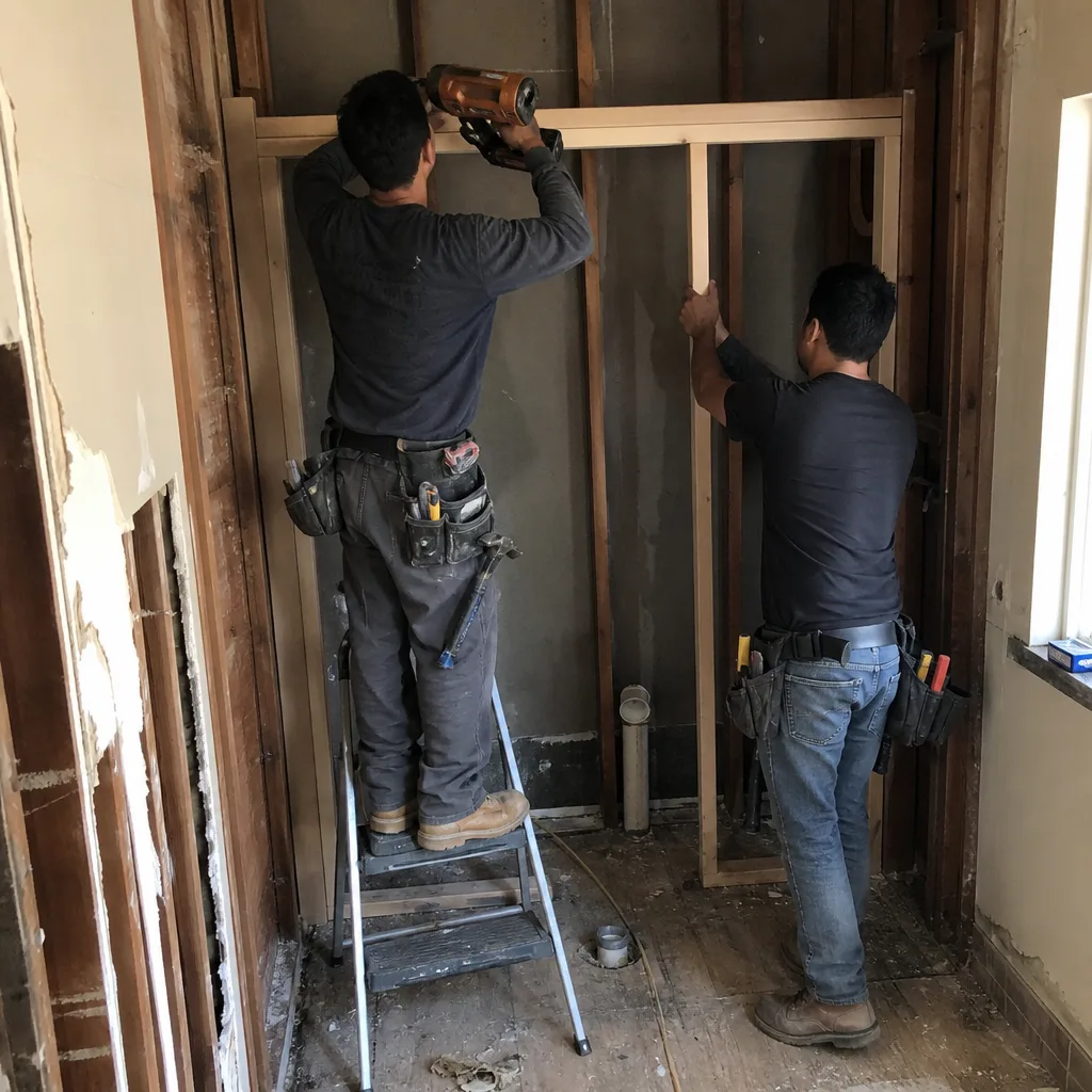 Two construction workers framing a wall during a bathroom renovation