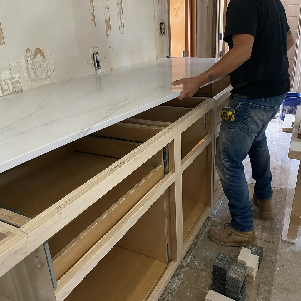 Professional contractor installing a marble countertop during kitchen remodeling