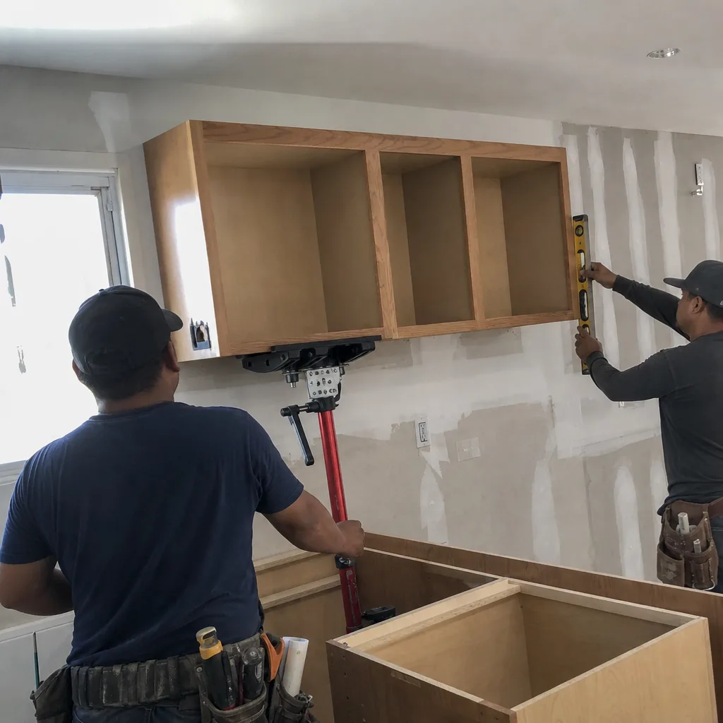 Two professional contractors installing kitchen cabinets using a jack and level.