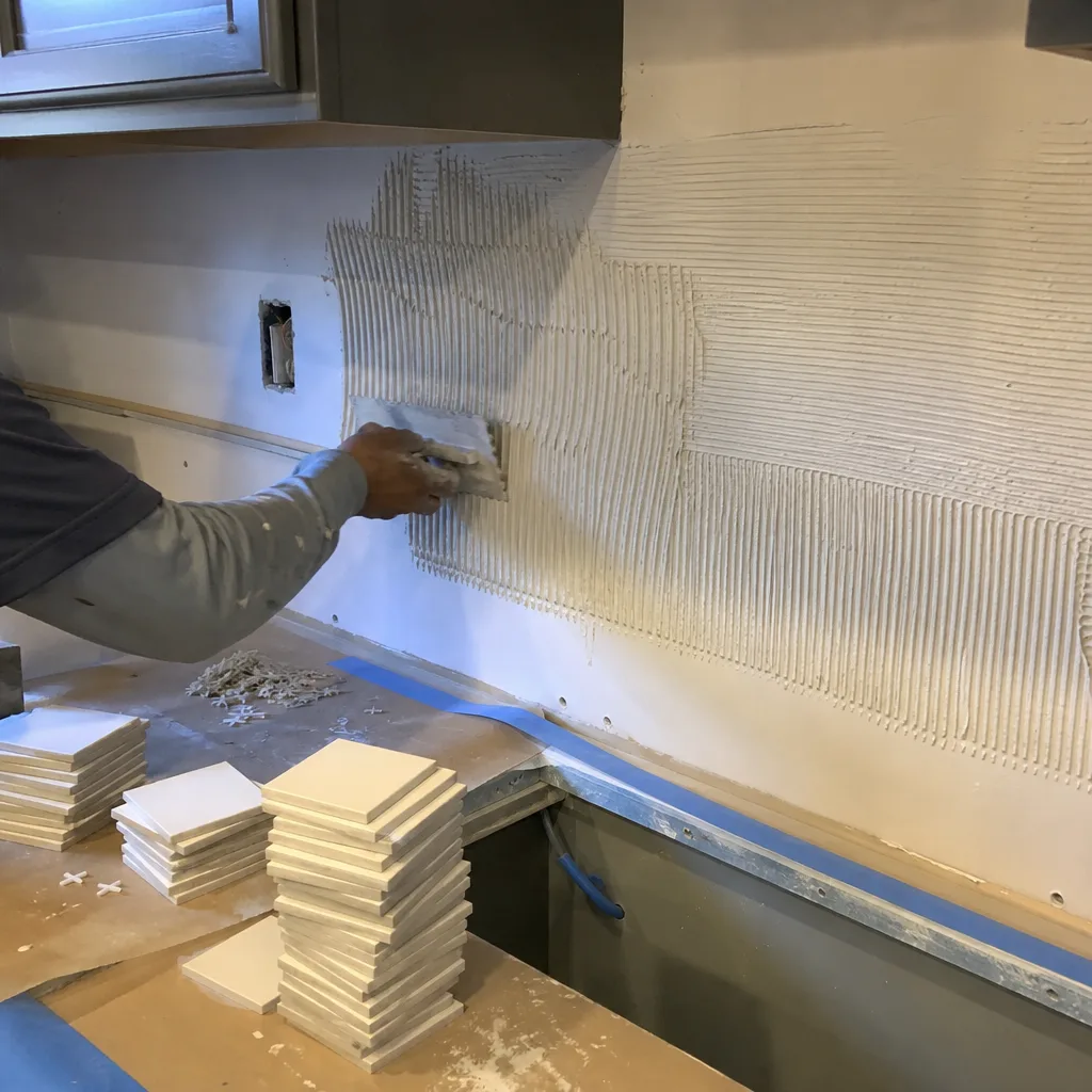 professional contractor applying mortar to kitchen wall for tile installation