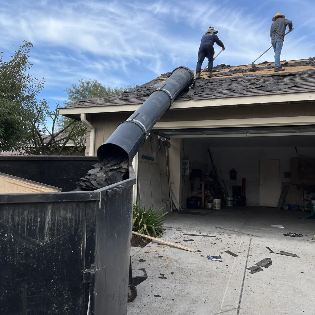 Roofers removing old shingles with a debris chute during roof replacement.