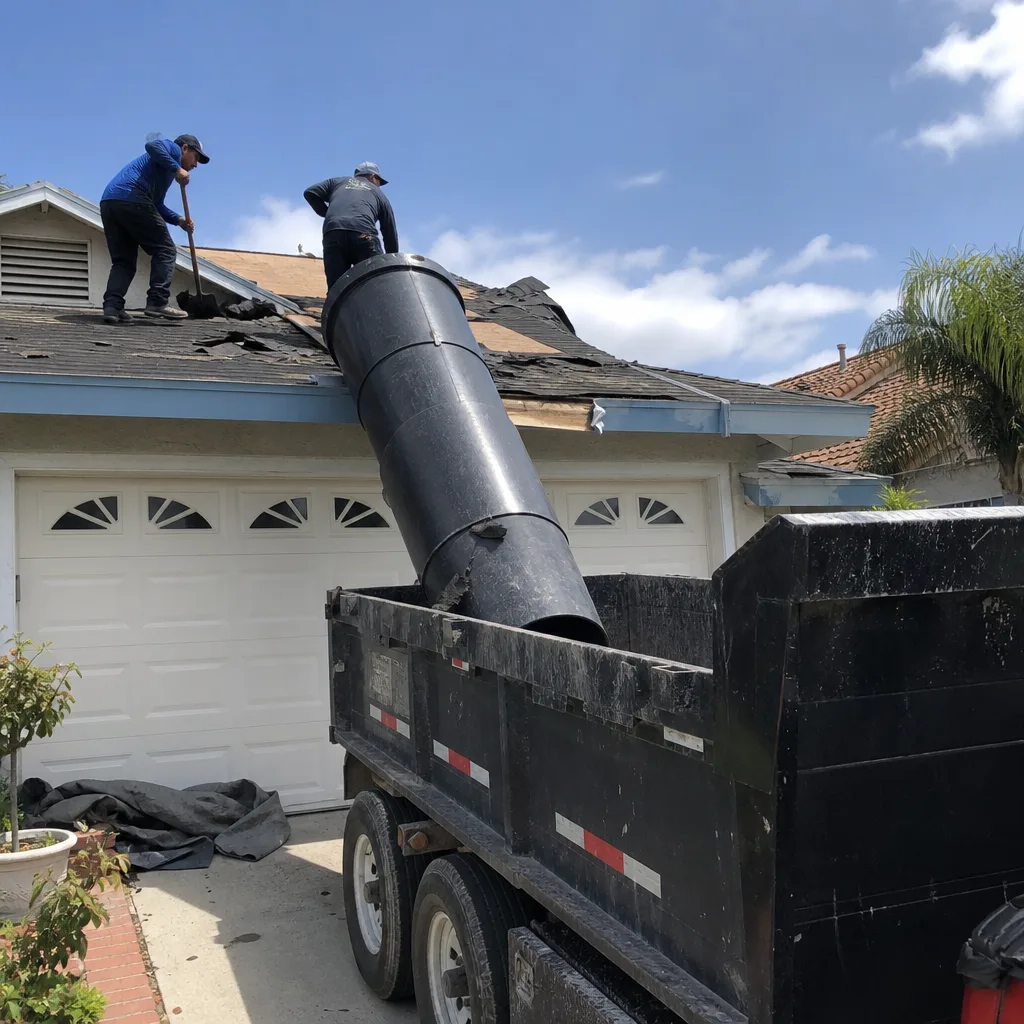 Roofing contractors loading shingles into a dump trailer via debris chute