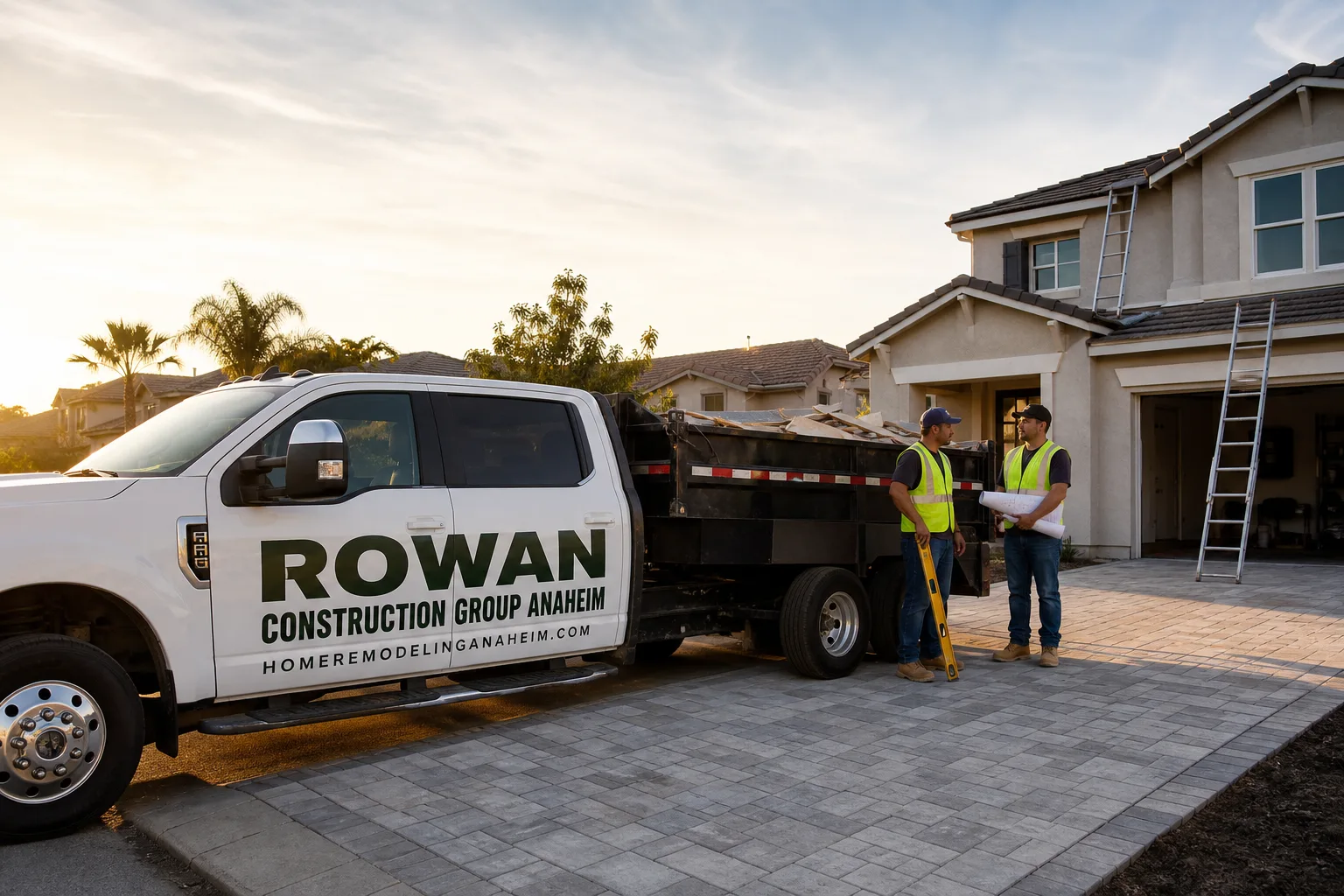 Rowan Construction Group Anaheim construction service vehicle and crew in Anaheim, CA